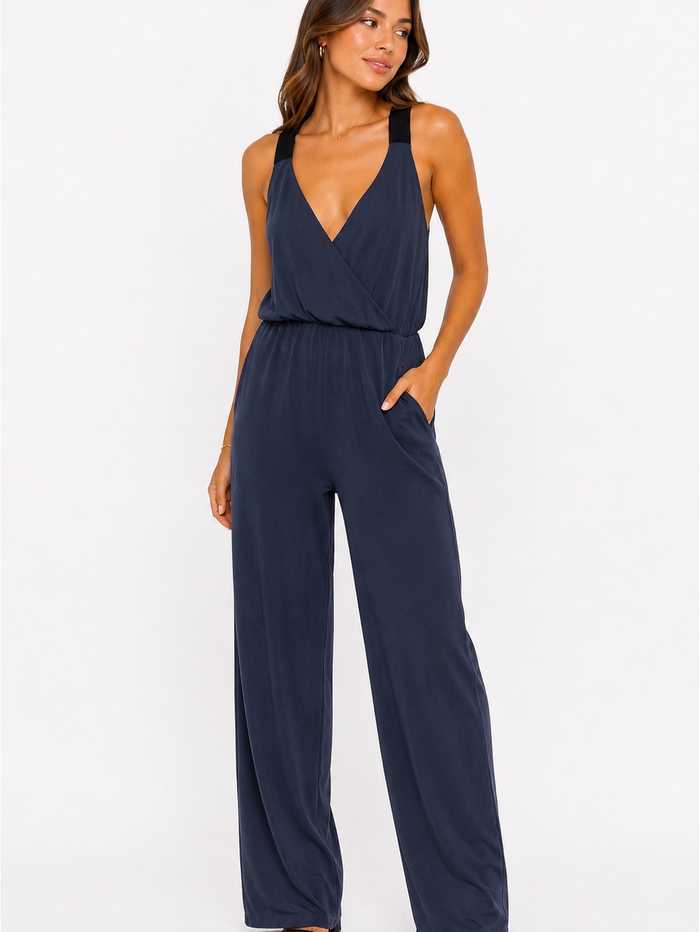 31. Armani Exchange Navy V-Neck Wide-Leg Jumpsuit with Black Straps